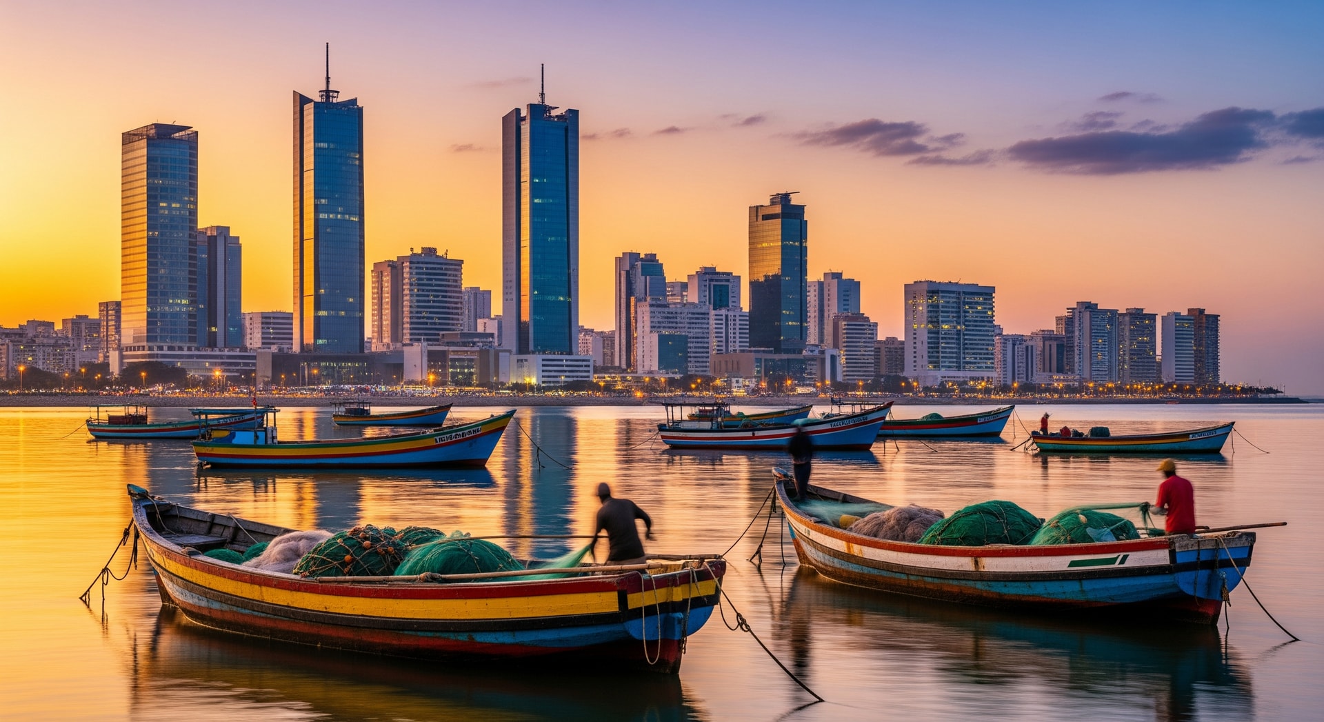 Stunning view of Luanda Bay with modern skyline and traditional fishing boats