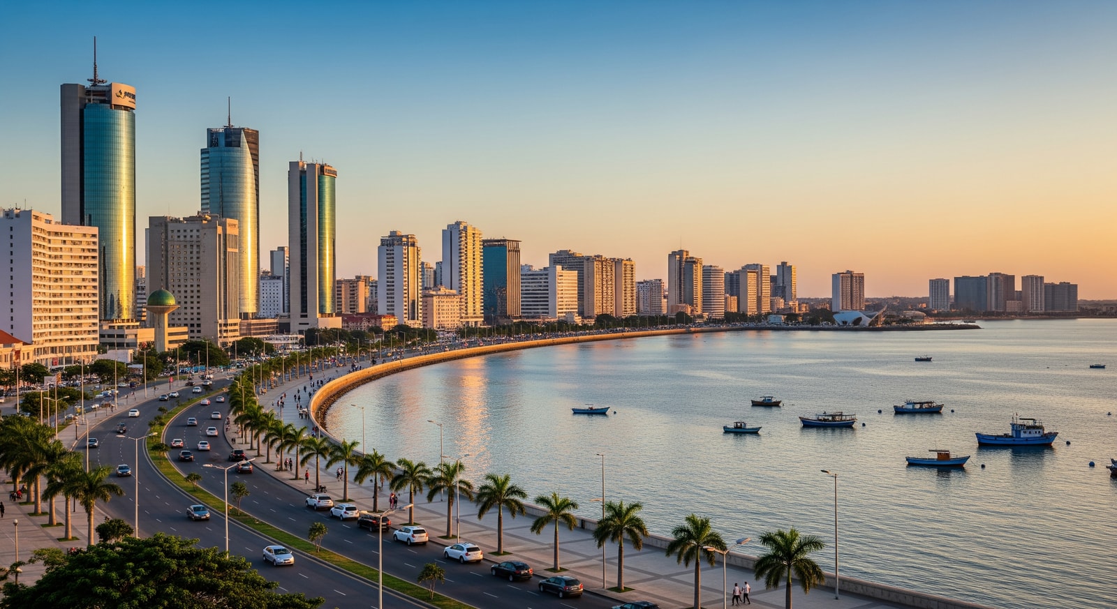 Panoramic view of Luanda city center with Marginal promenade along the bay