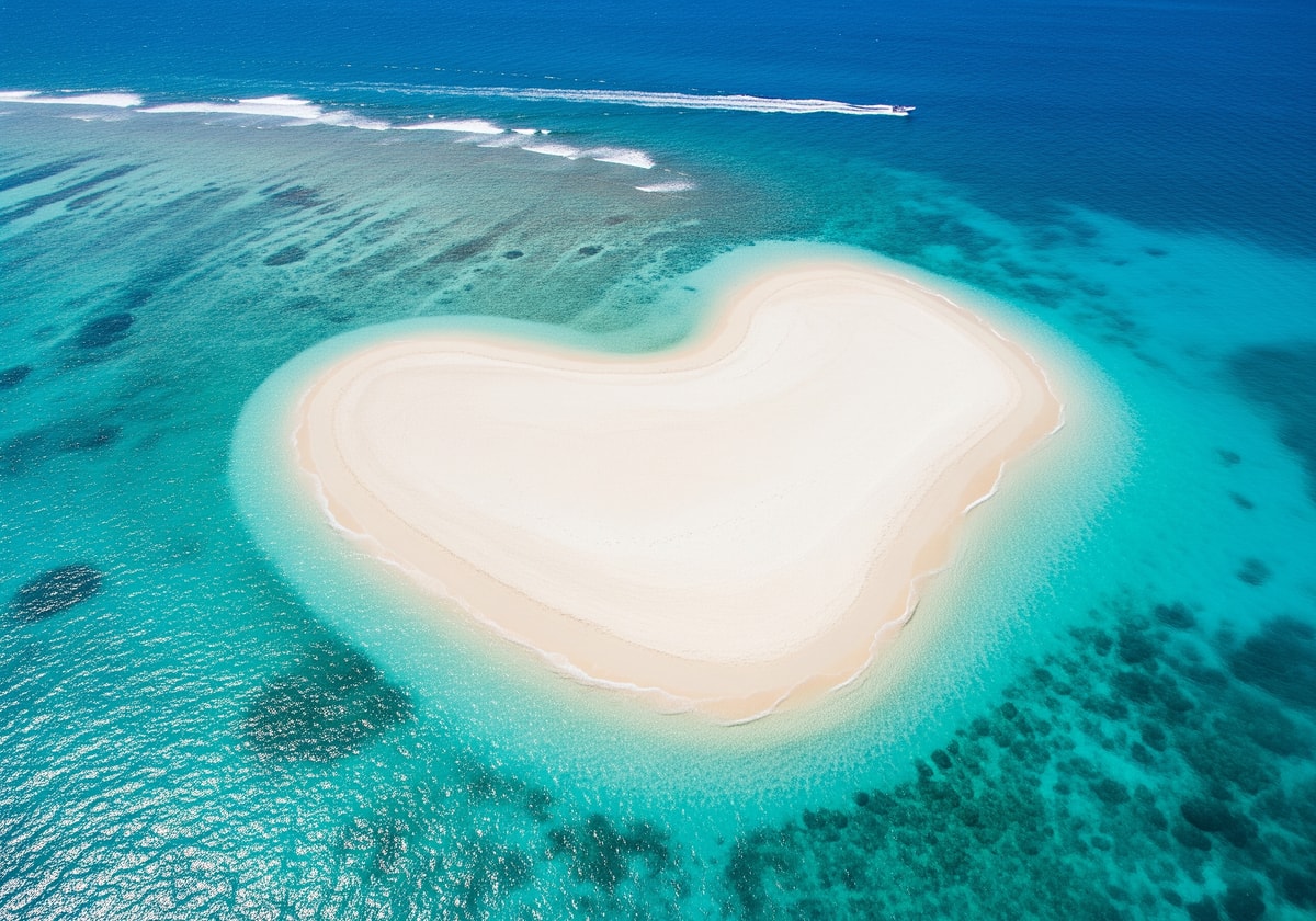 Aerial view of Heart Reef shaped sandbar in Antigua