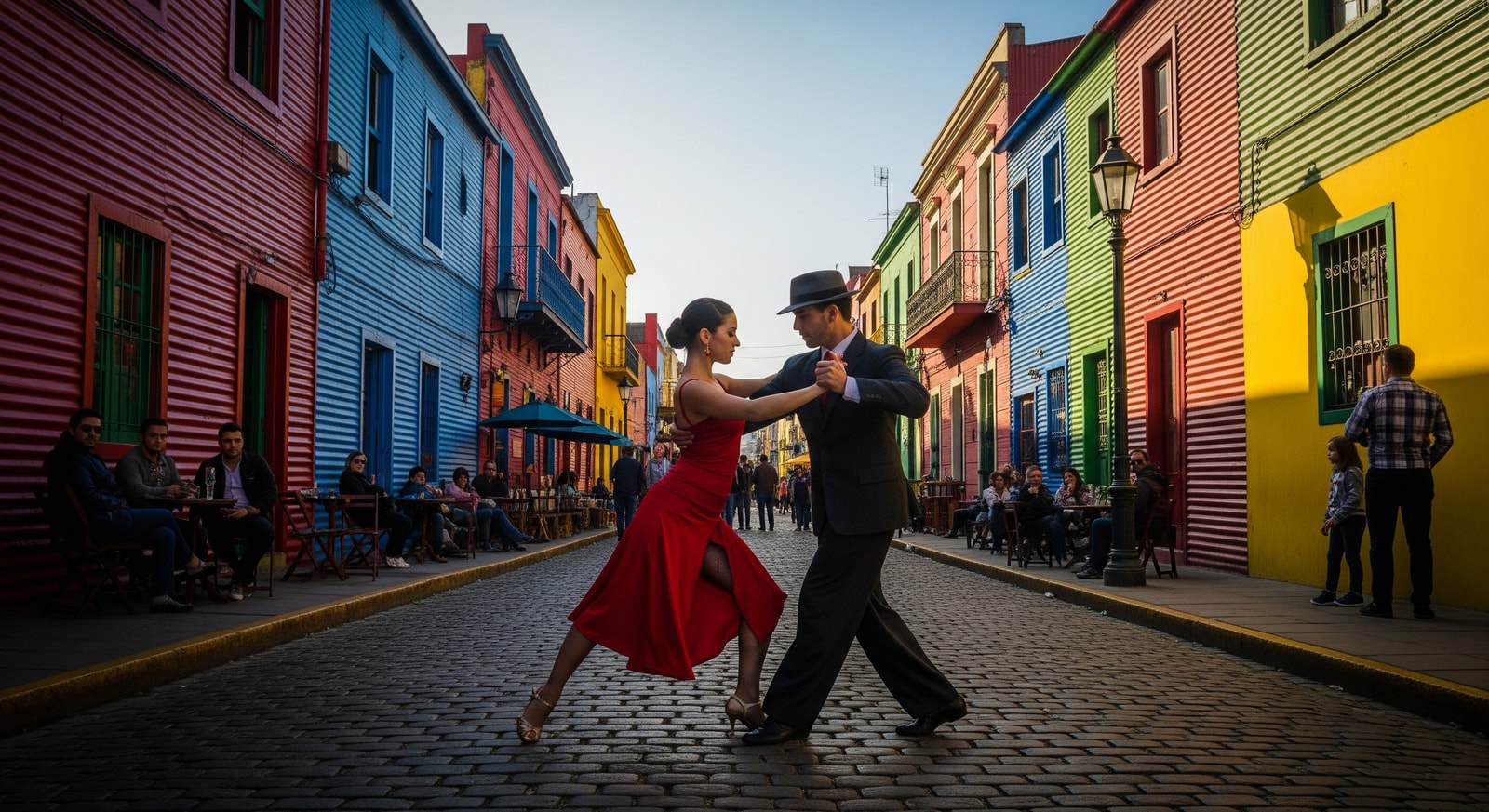 Colorful buildings of La Boca neighborhood in Buenos Aires with tango dancers