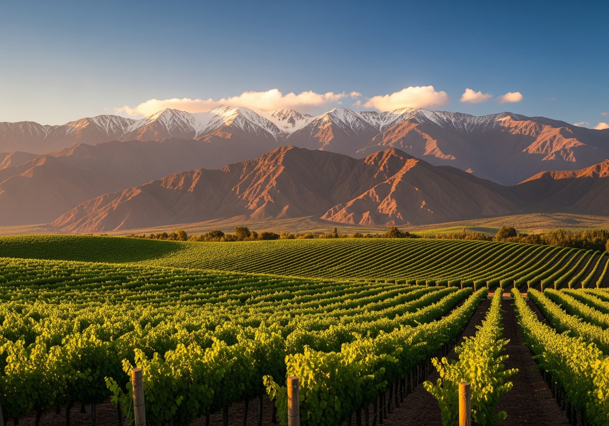 Vineyards in Mendoza wine region with Andes mountains
