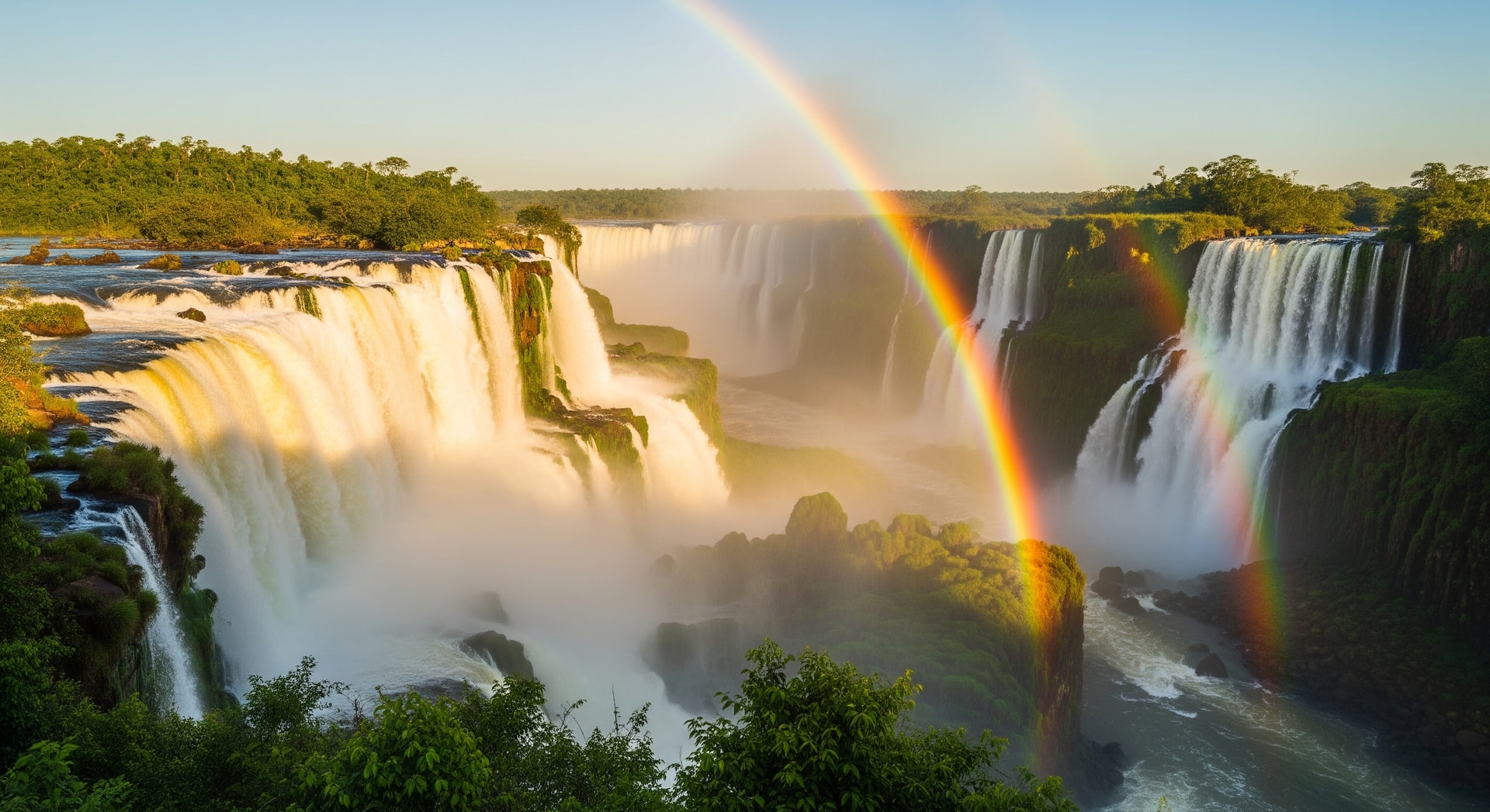 Iguazu Falls with rainbow spanning across the massive waterfalls