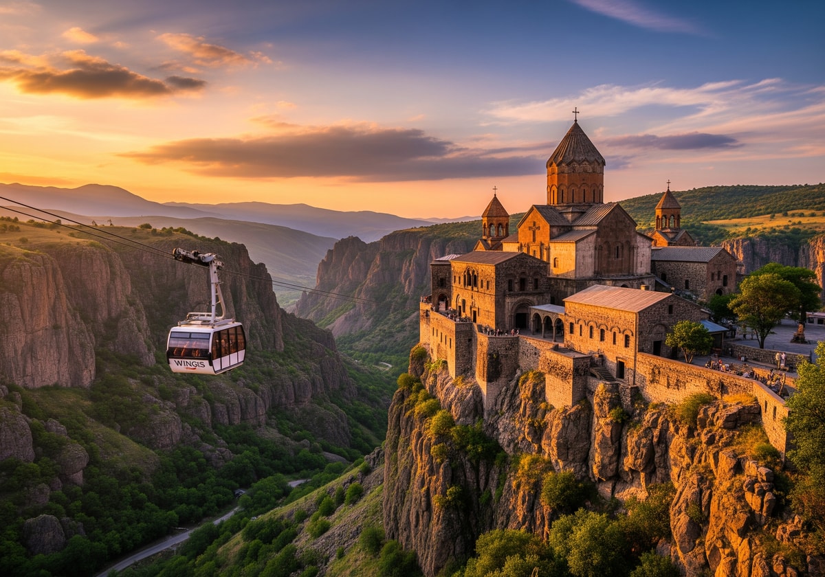 Tatev Monastery on clifftop with Wings of Tatev cable car