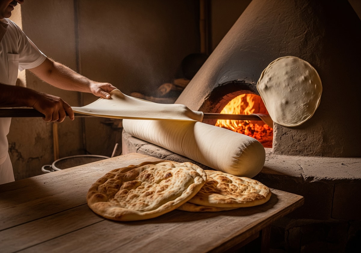 Traditional Armenian lavash bread baking
