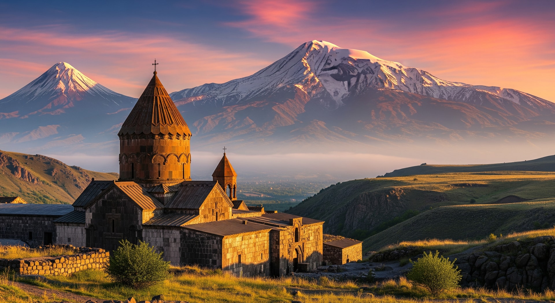 Khor Virap monastery with Mount Ararat in the background at sunrise