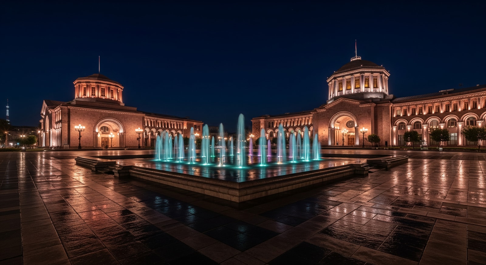 Republic Square in Yerevan with pink tuff buildings and fountains at night