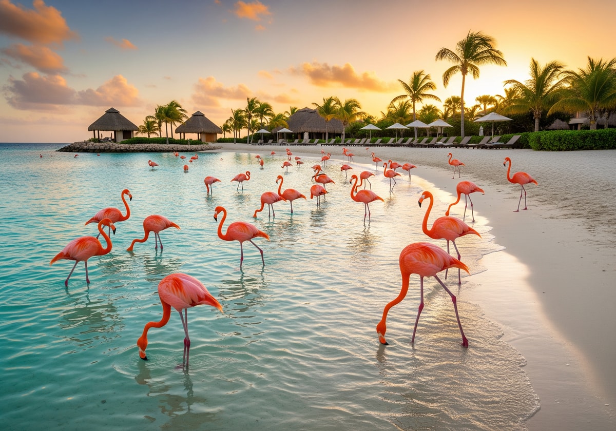 Flamingos on Renaissance Island private beach