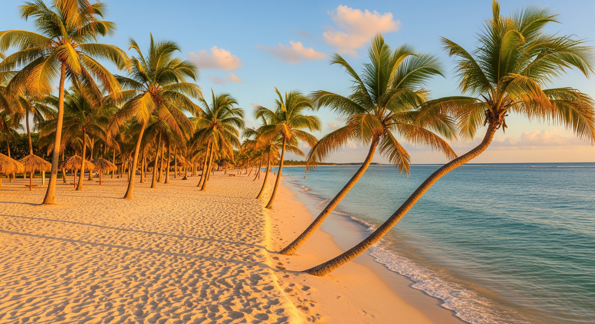 Palm Beach Aruba with white sand and turquoise waters lined with palm trees