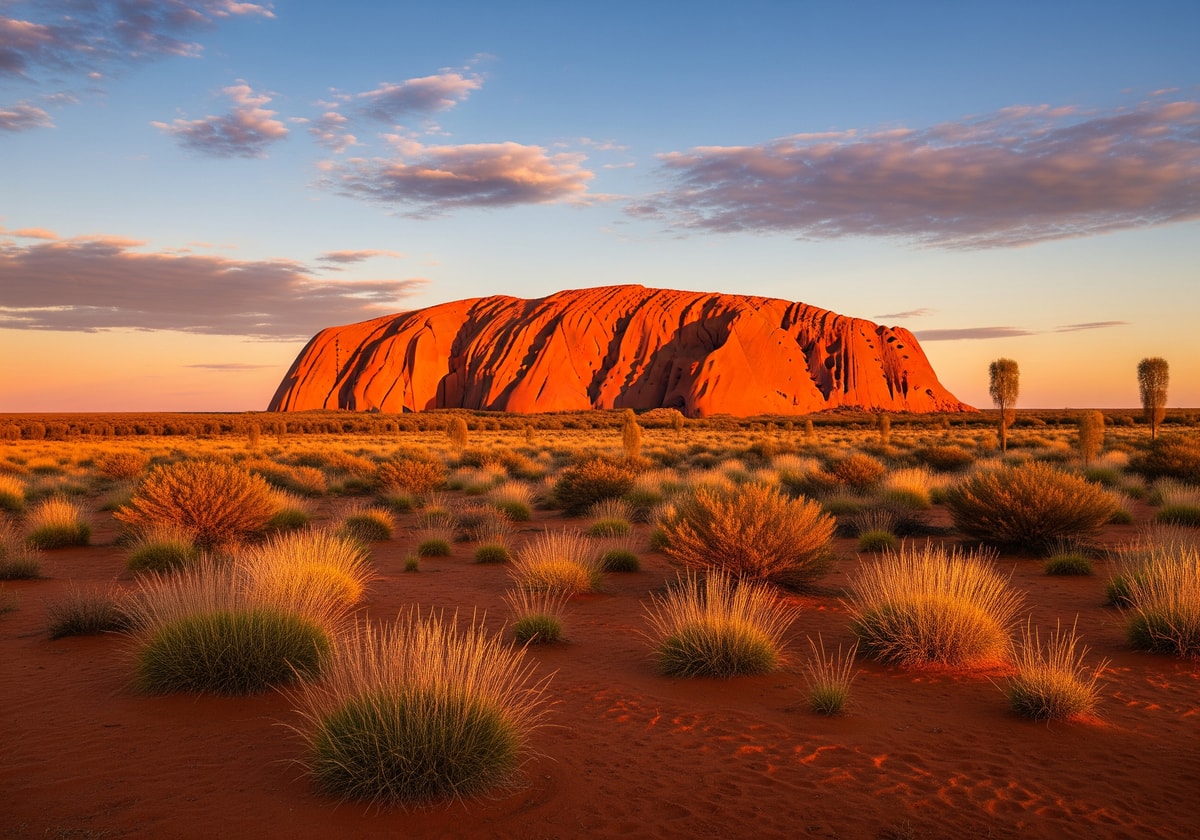 Uluru at sunrise with red desert landscape