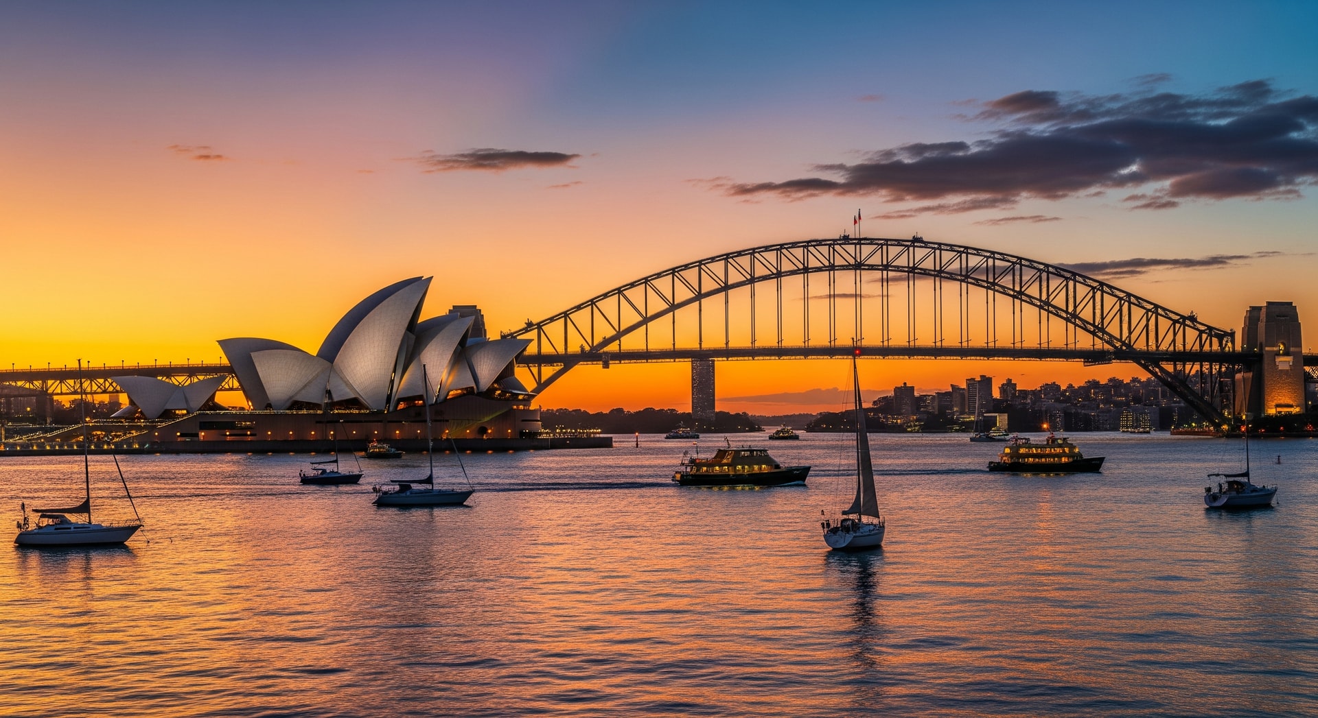 Sydney Opera House and Harbour Bridge at sunset with boats in the harbour