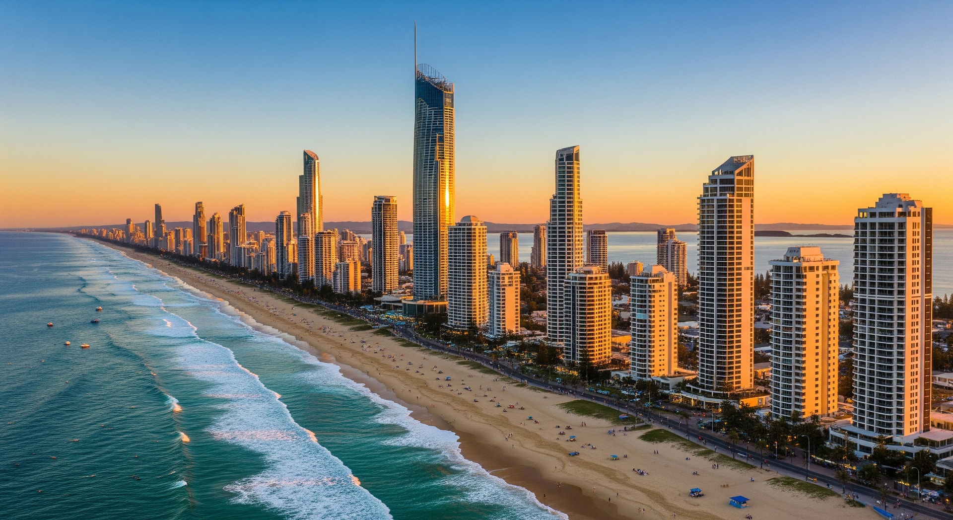 Aerial view of the Gold Coast with beaches and skyline
