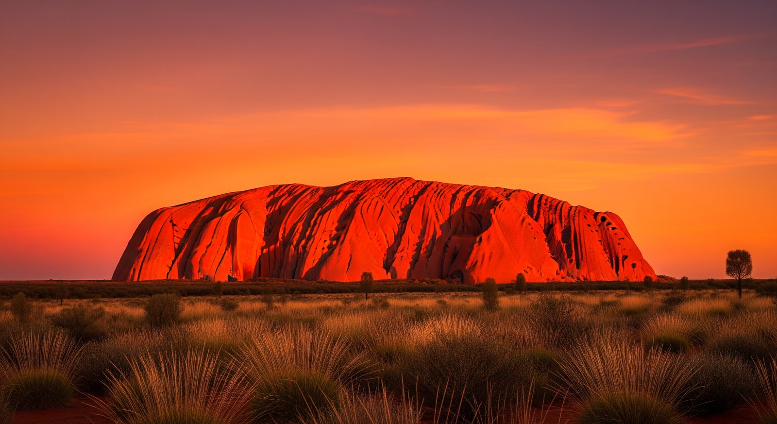 Uluru (Ayers Rock) at sunset with vibrant orange and red colors