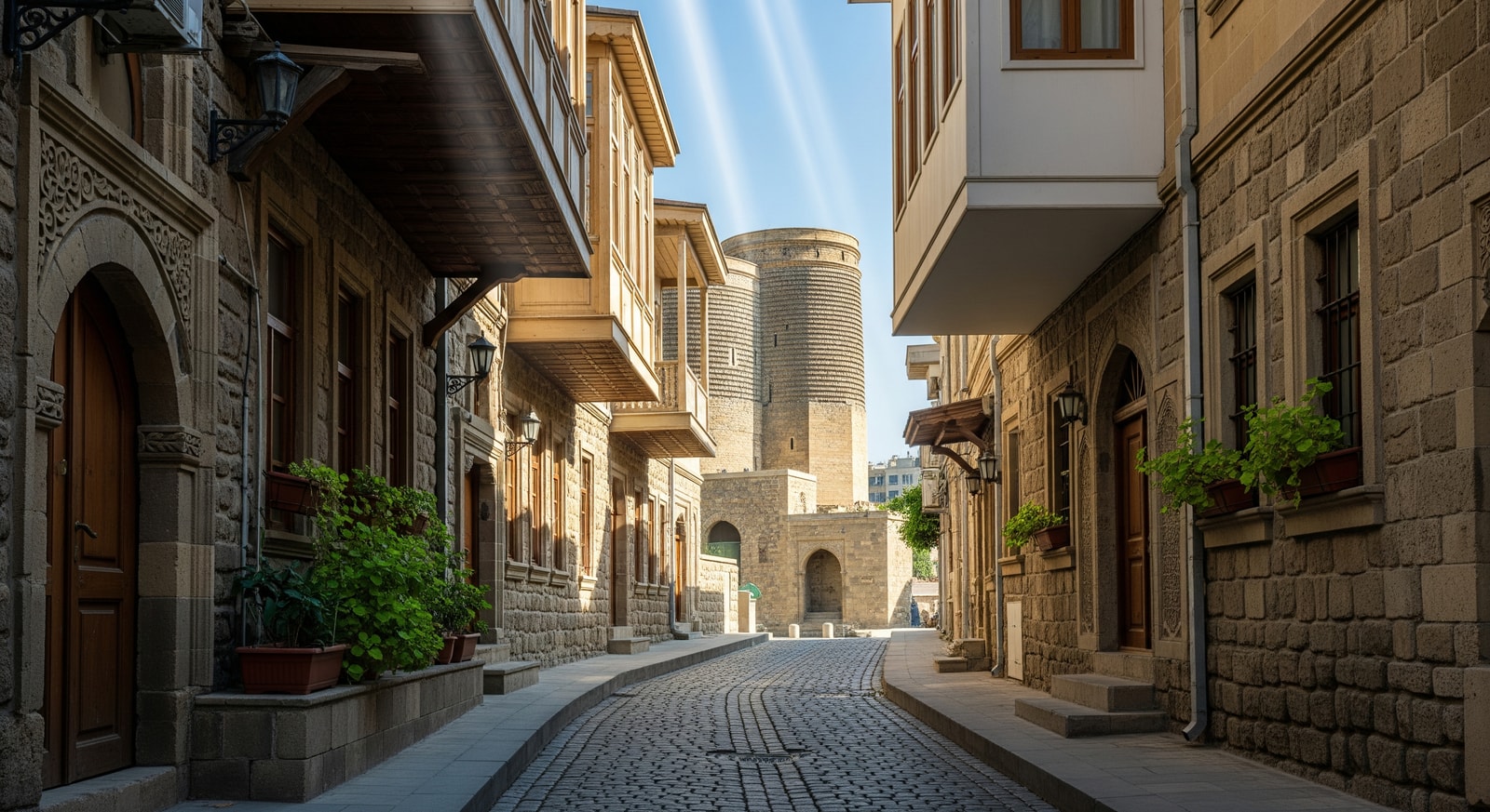 Narrow streets of Baku Old City with Maiden Tower in background