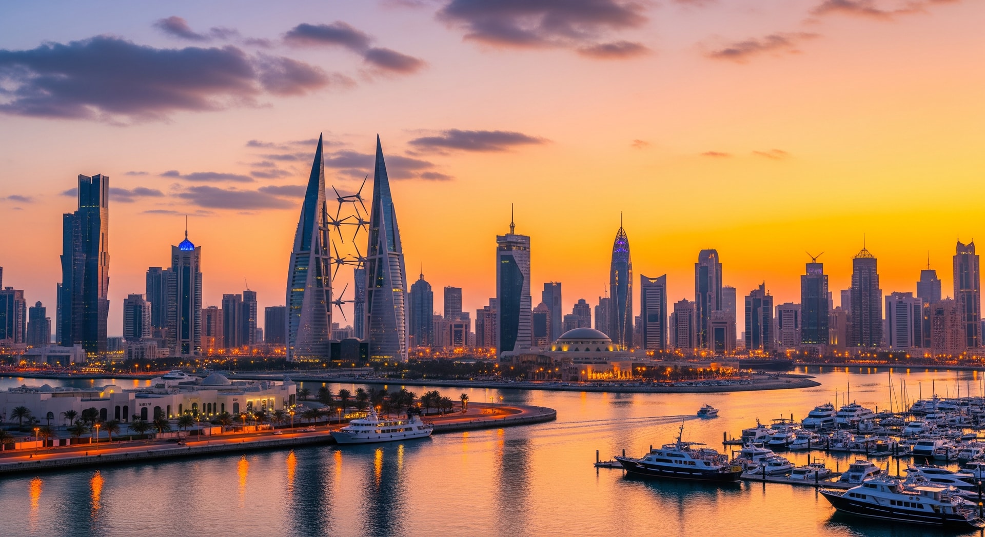 Bahrain World Trade Center and cityscape at sunset with harbor