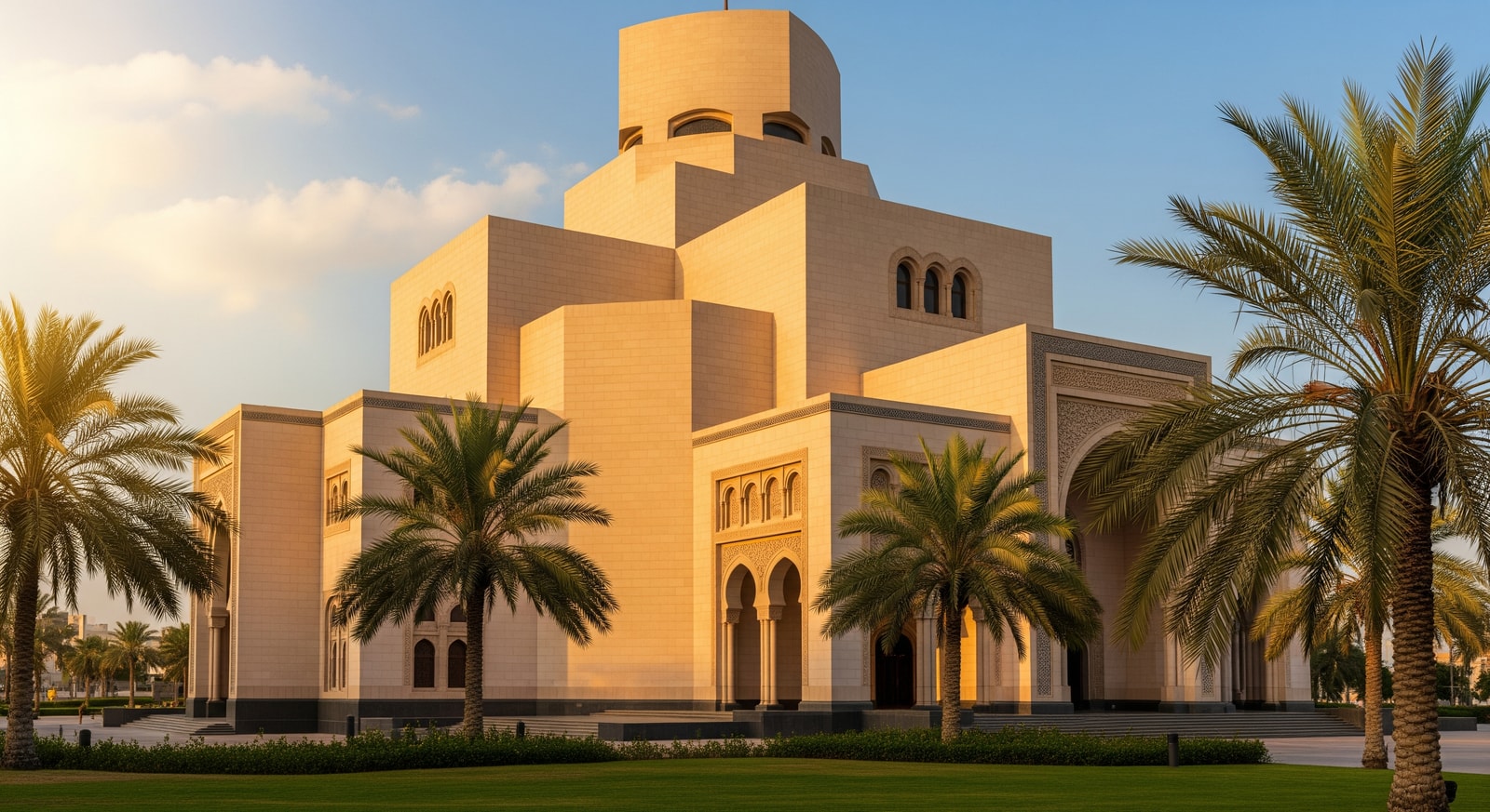 Bahrain National Museum with traditional architecture and palm trees