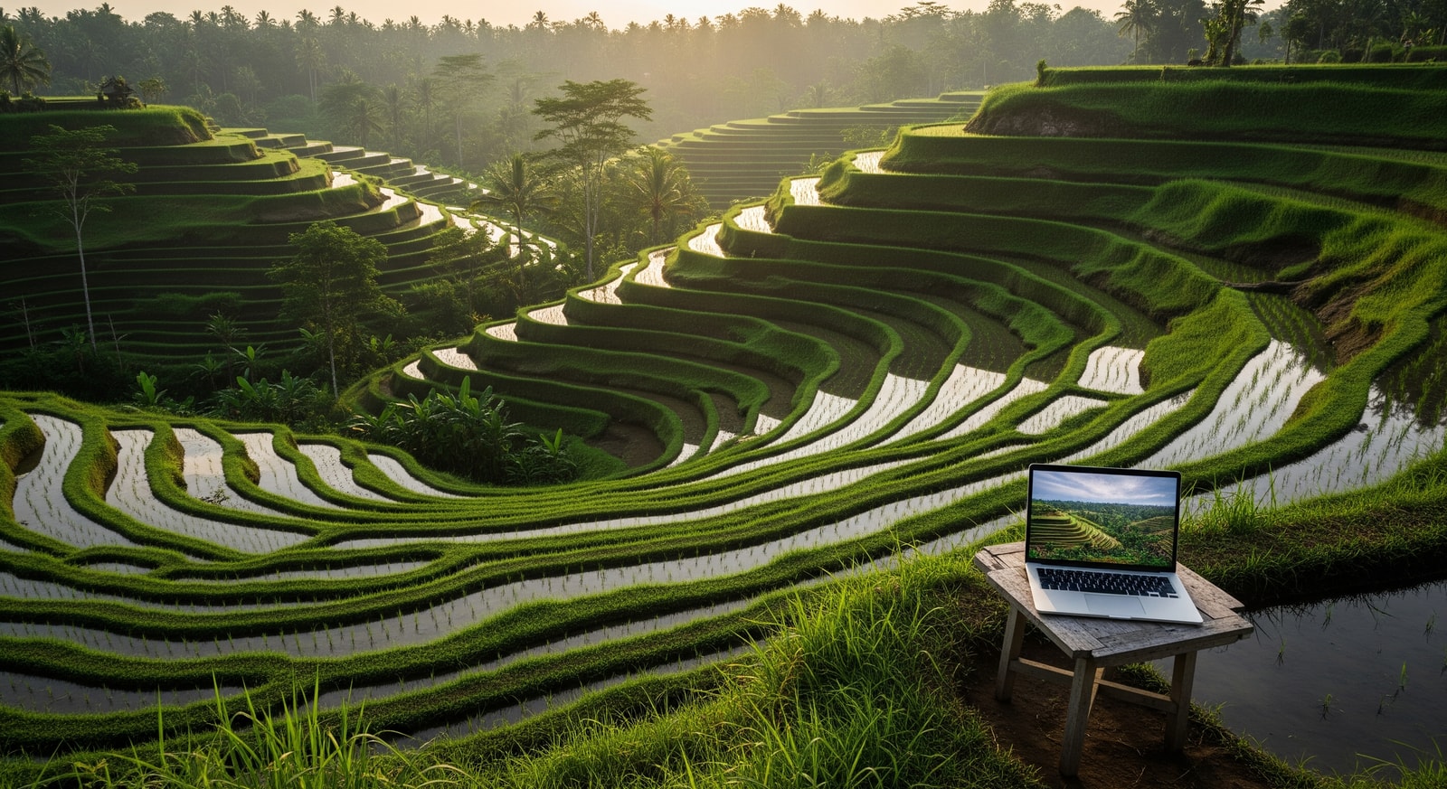 Rice terraces in Ubud, Bali with laptop setup