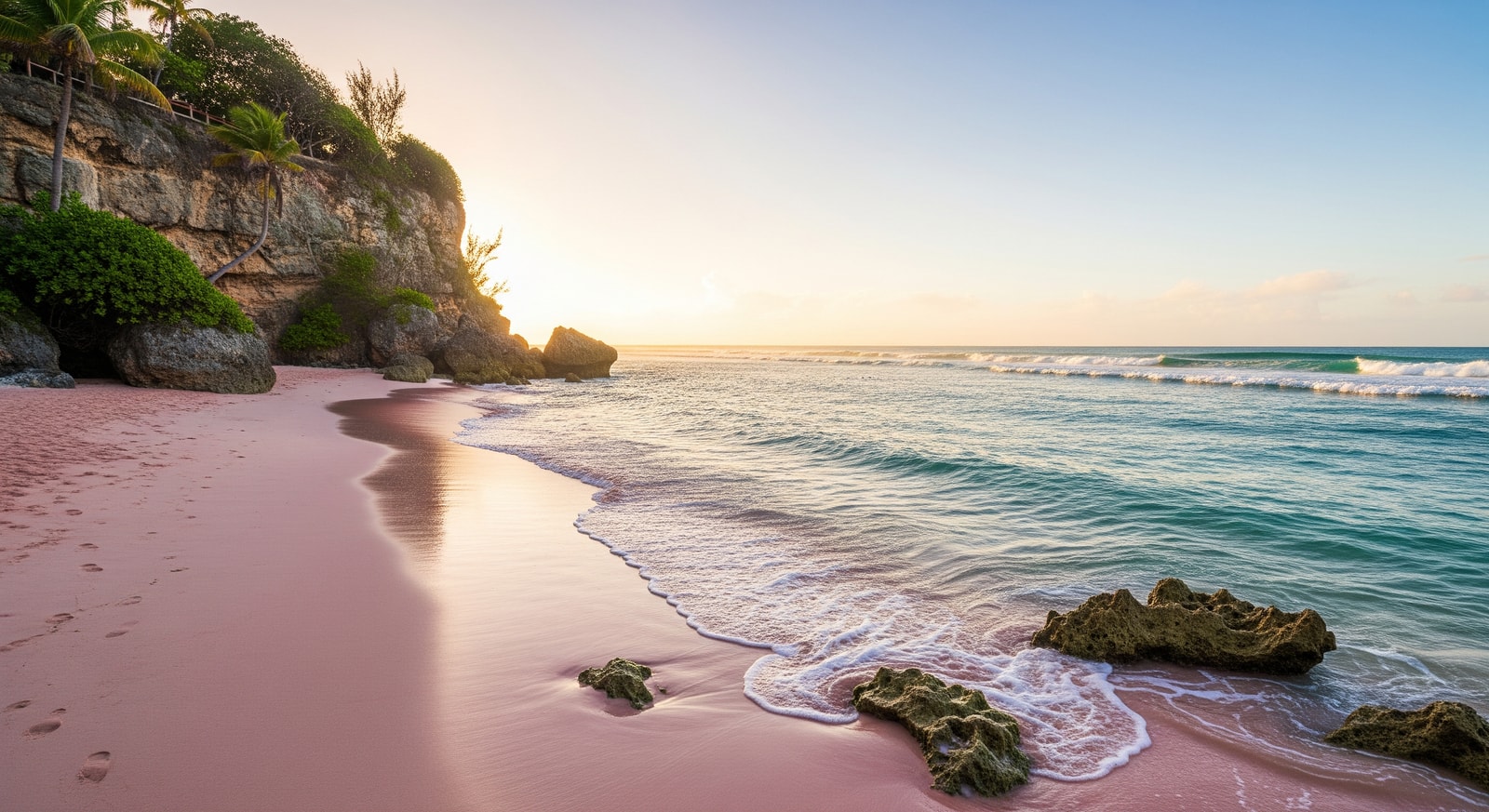 Crane Beach in Barbados with pink-tinted sand and turquoise water