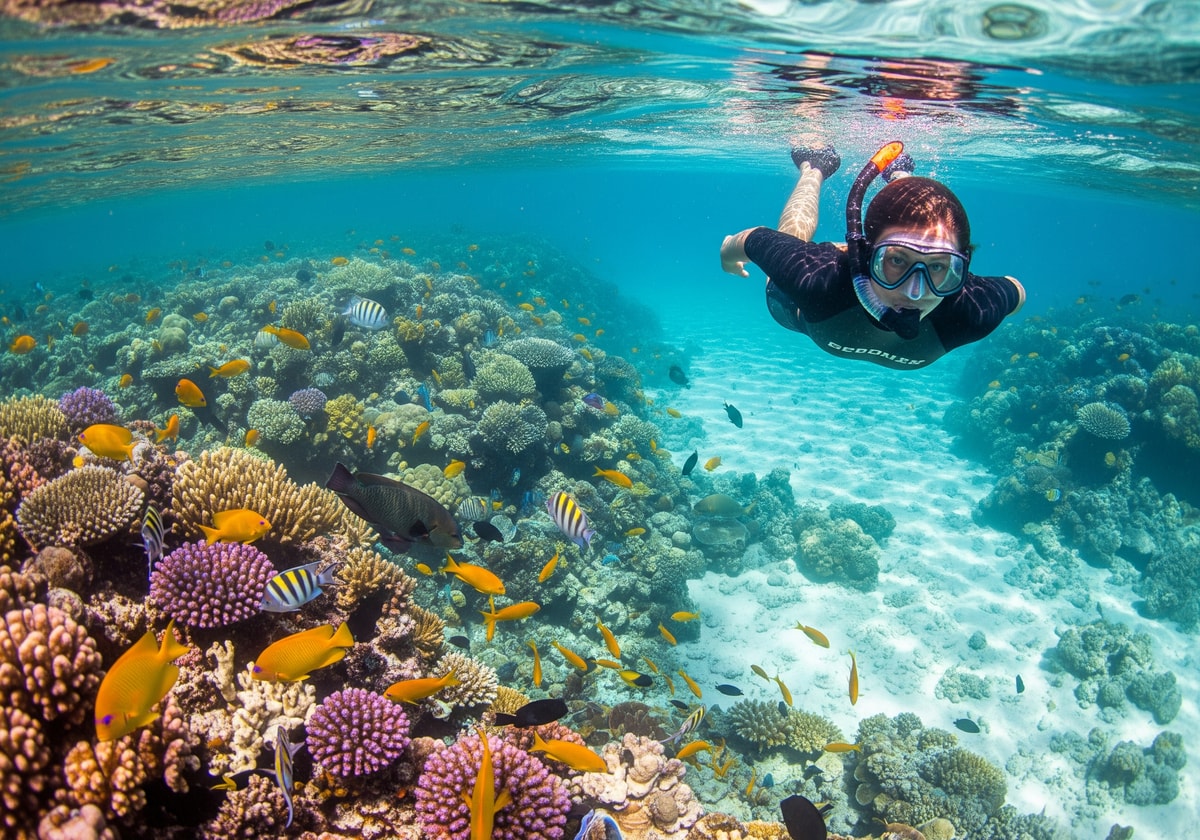 Snorkeling in crystal clear waters of Belize Barrier Reef