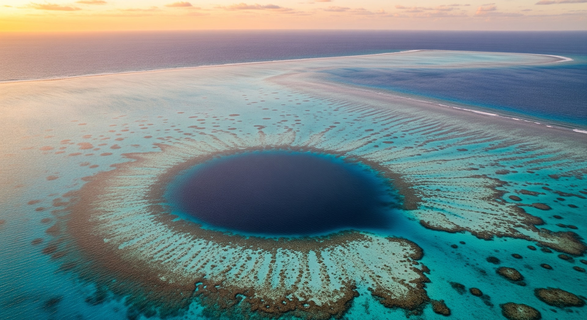 Aerial view of the Great Blue Hole in Belize with surrounding reef
