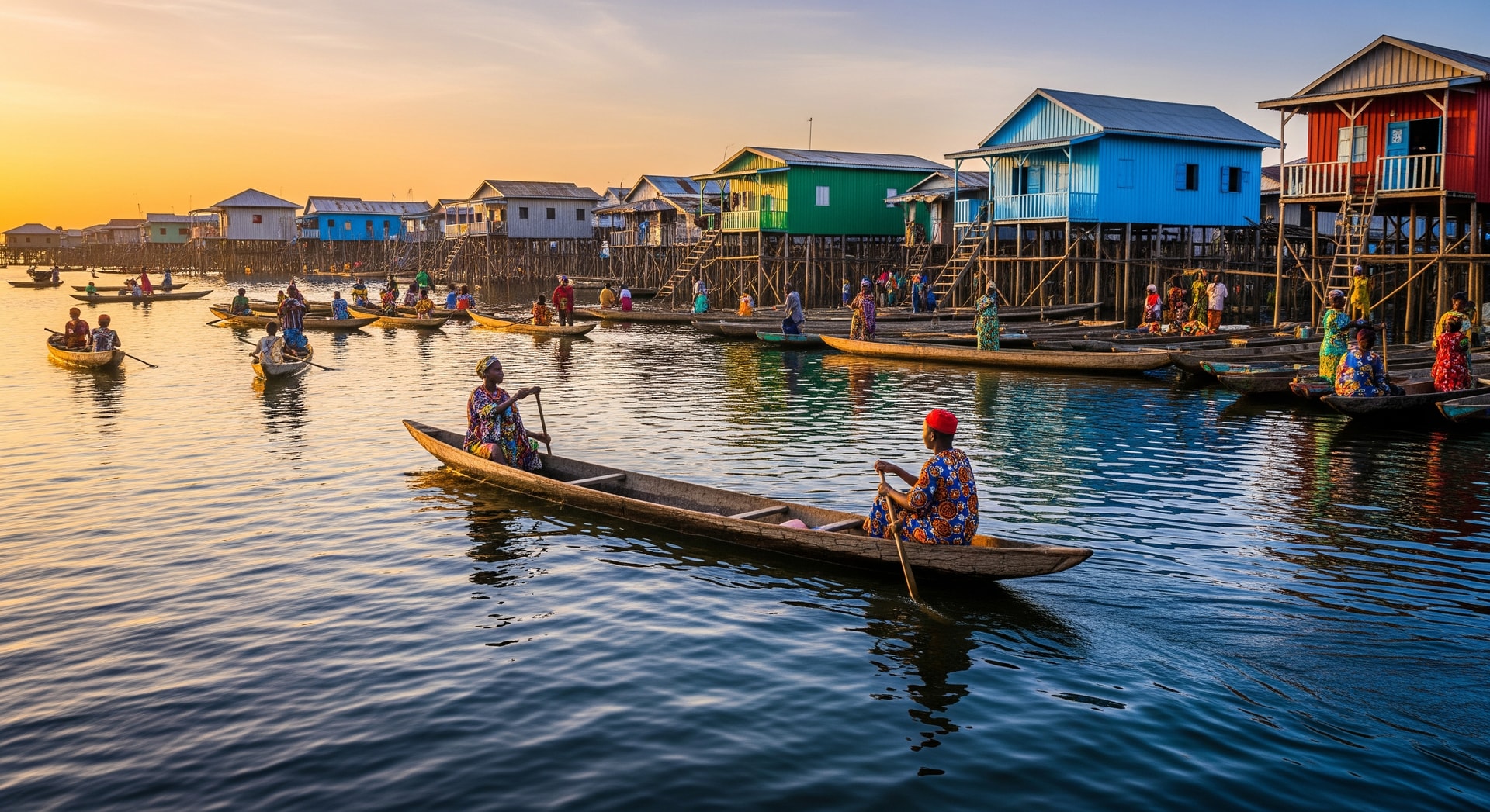 Traditional stilt houses in Ganvie lake village, Benin