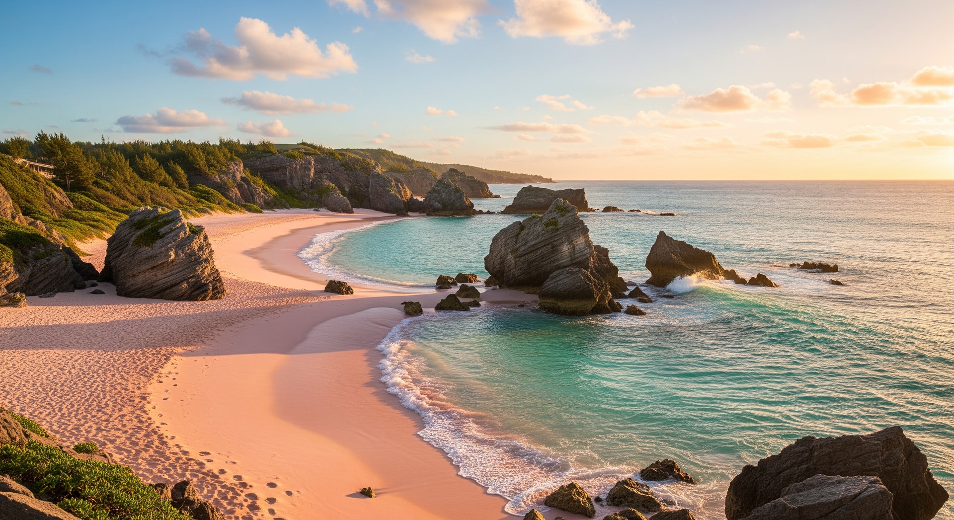 Pink sand beach in Bermuda with turquoise water and rocky formations