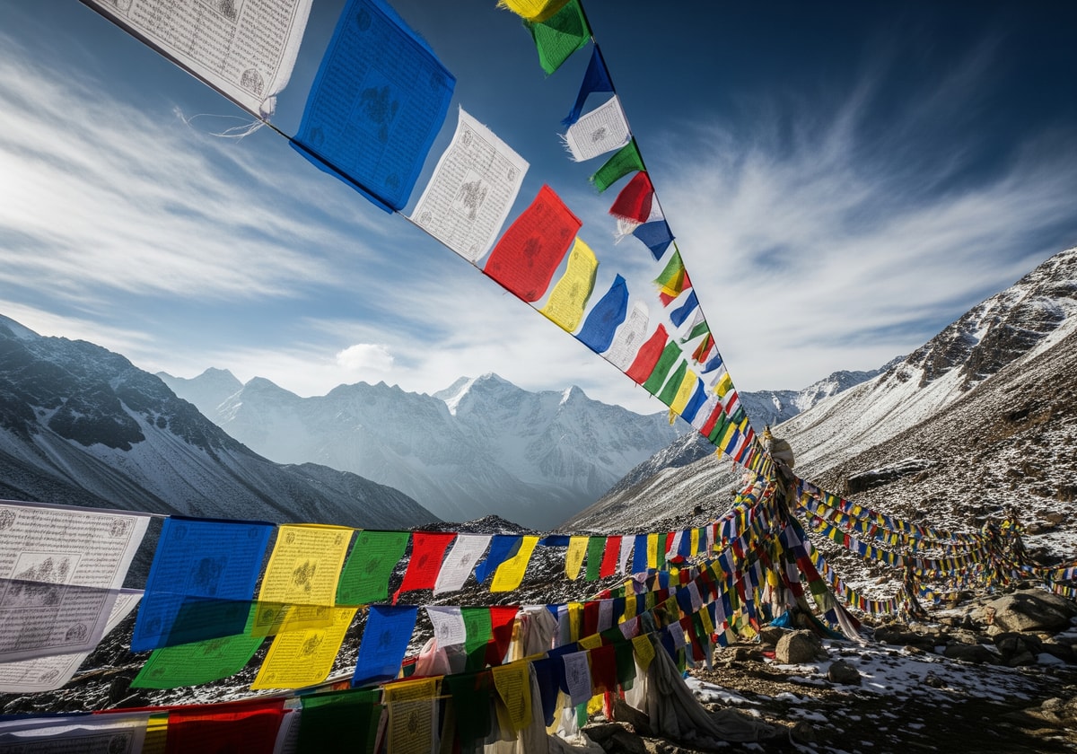 Colorful prayer flags on Himalayan mountain pass