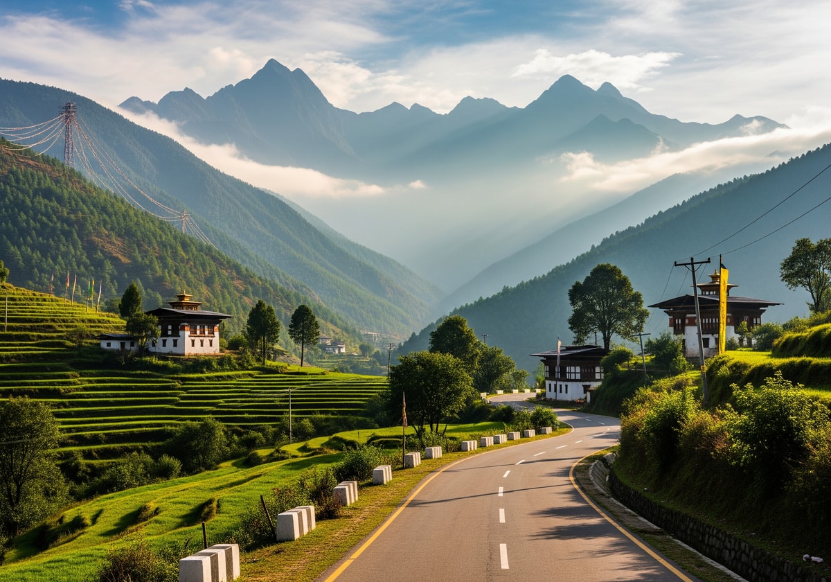Scenic drive through Bhutan valleys