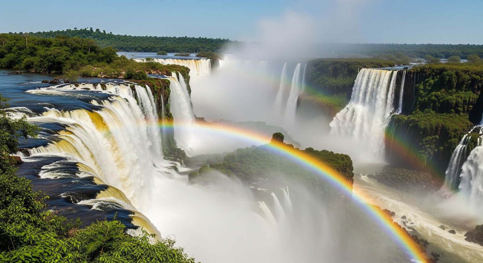 Iguazu Falls with rainbow and mist from Brazilian side