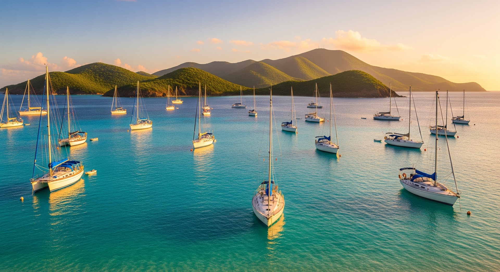 Sailboats anchored in clear turquoise waters of the BVI with green islands