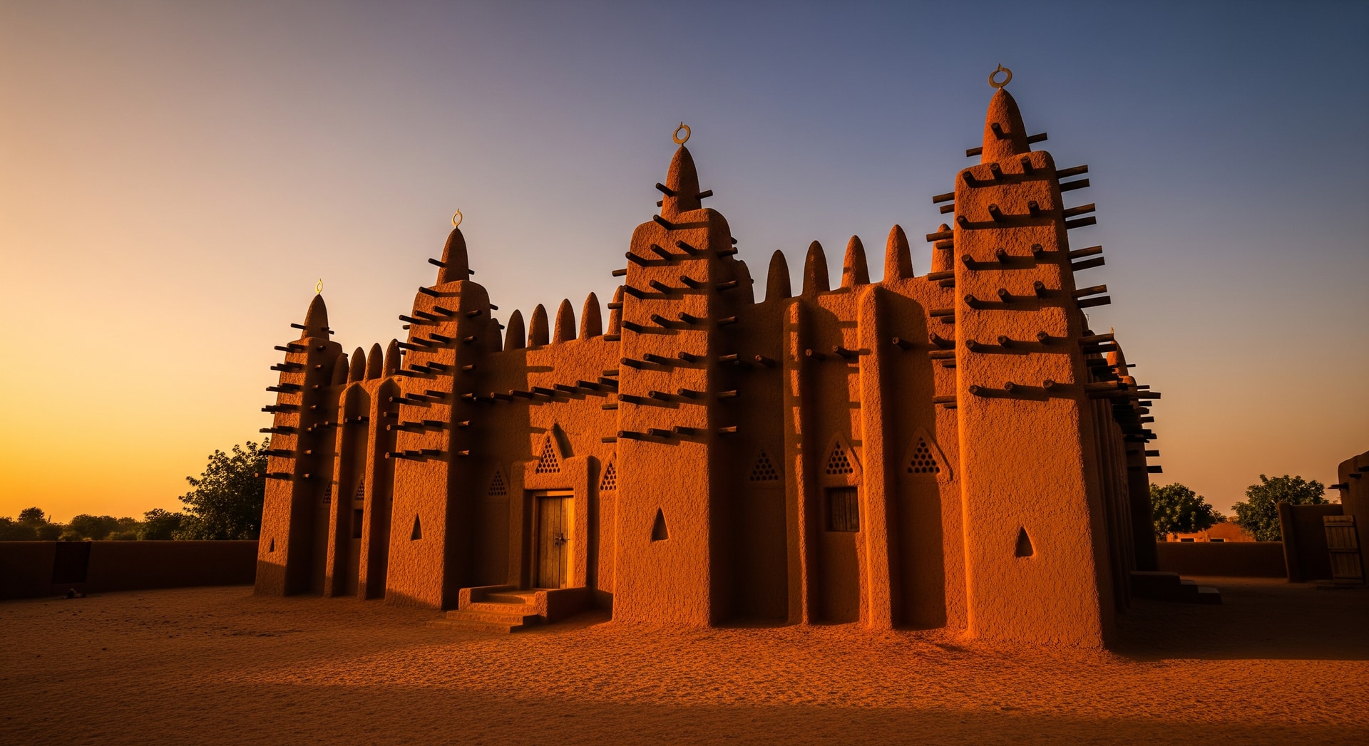 Traditional mud mosque architecture in Burkina Faso with distinctive spires