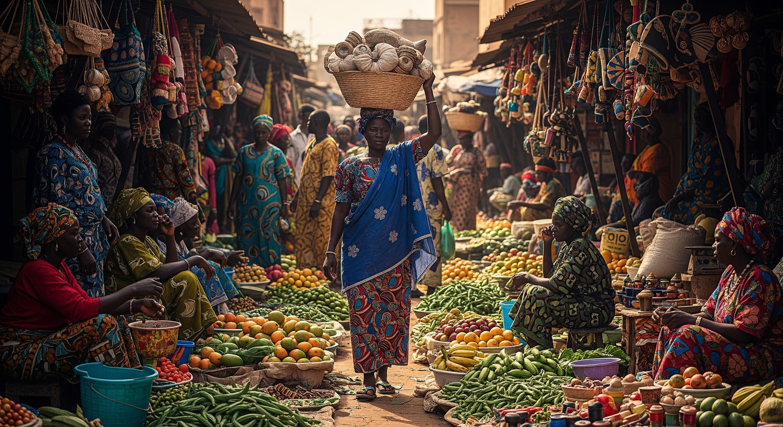 Colorful traditional market scene in Ouagadougou