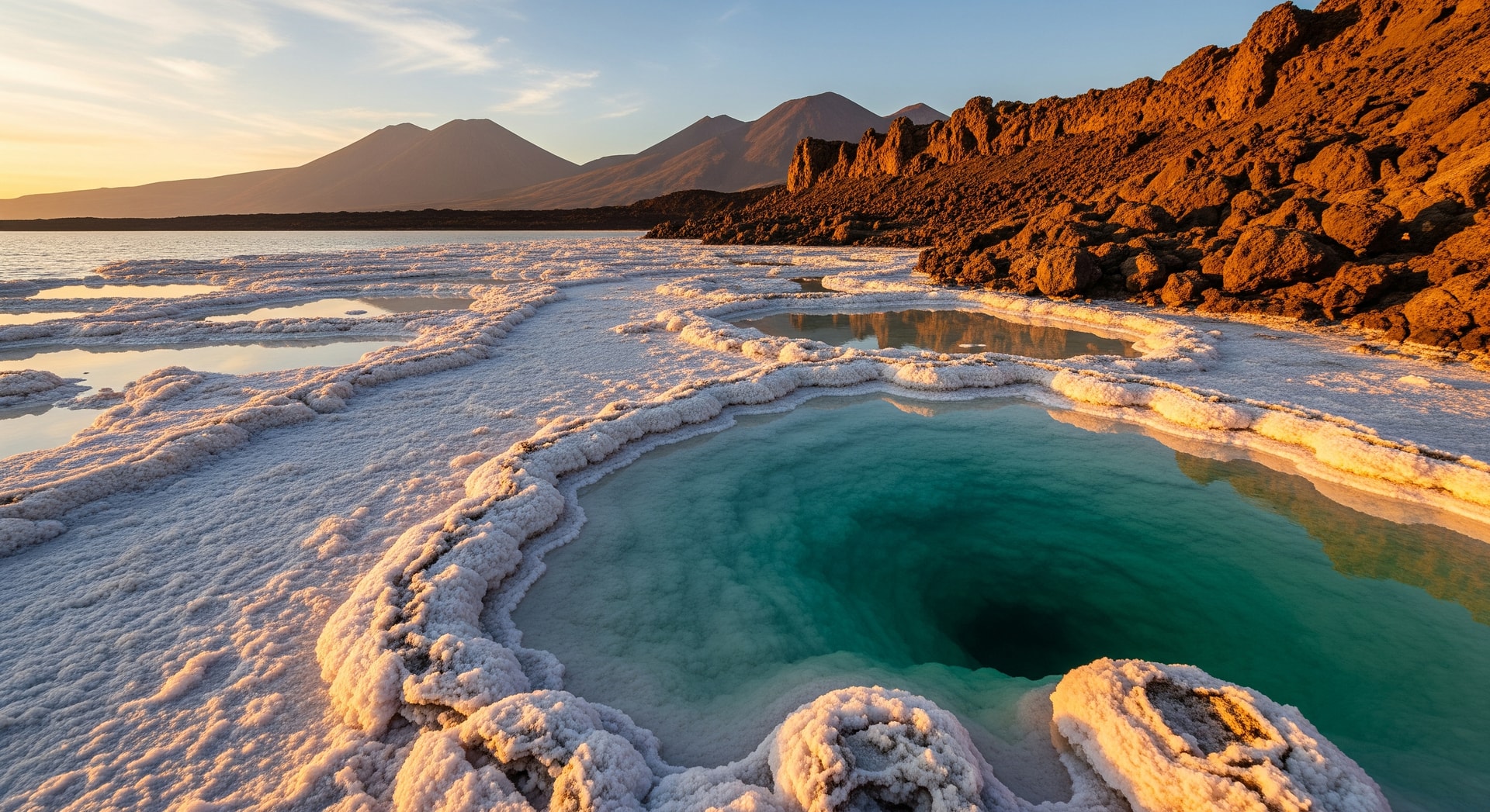 Lake Assal salt formations with volcanic landscape