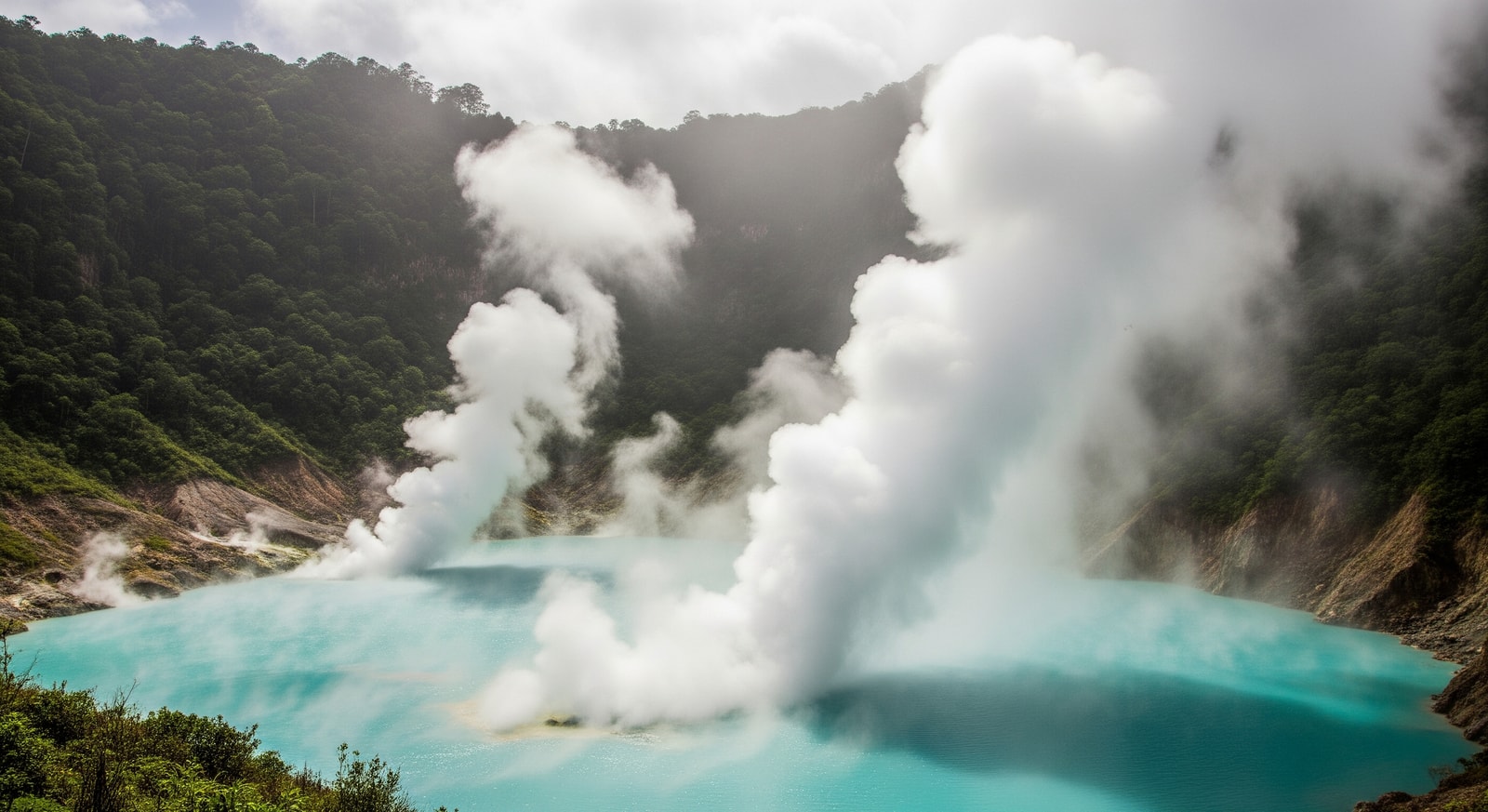 Boiling Lake steam rising from volcanic waters
