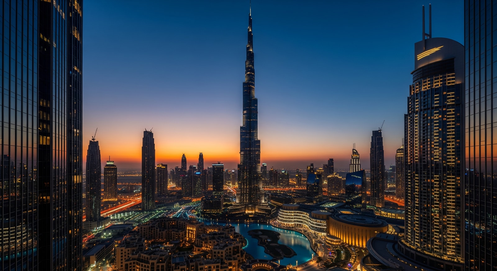 Burj Khalifa towering over Dubai skyline at twilight with city lights reflecting on surrounding buildings