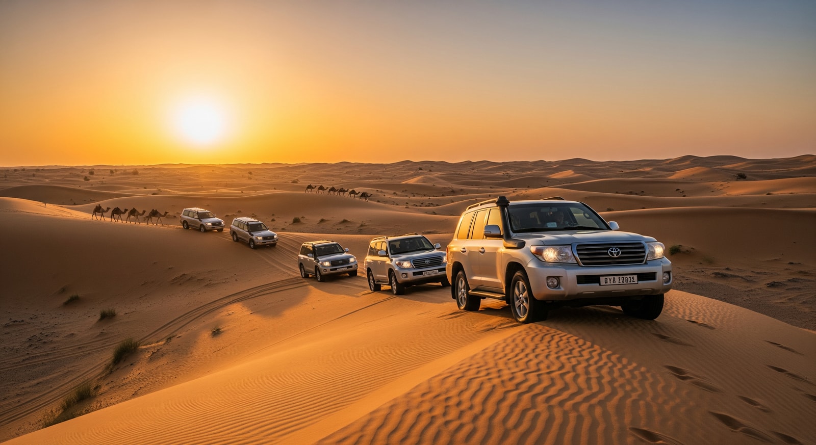 Desert safari vehicles driving on golden sand dunes at sunset in Dubai with camels in distance