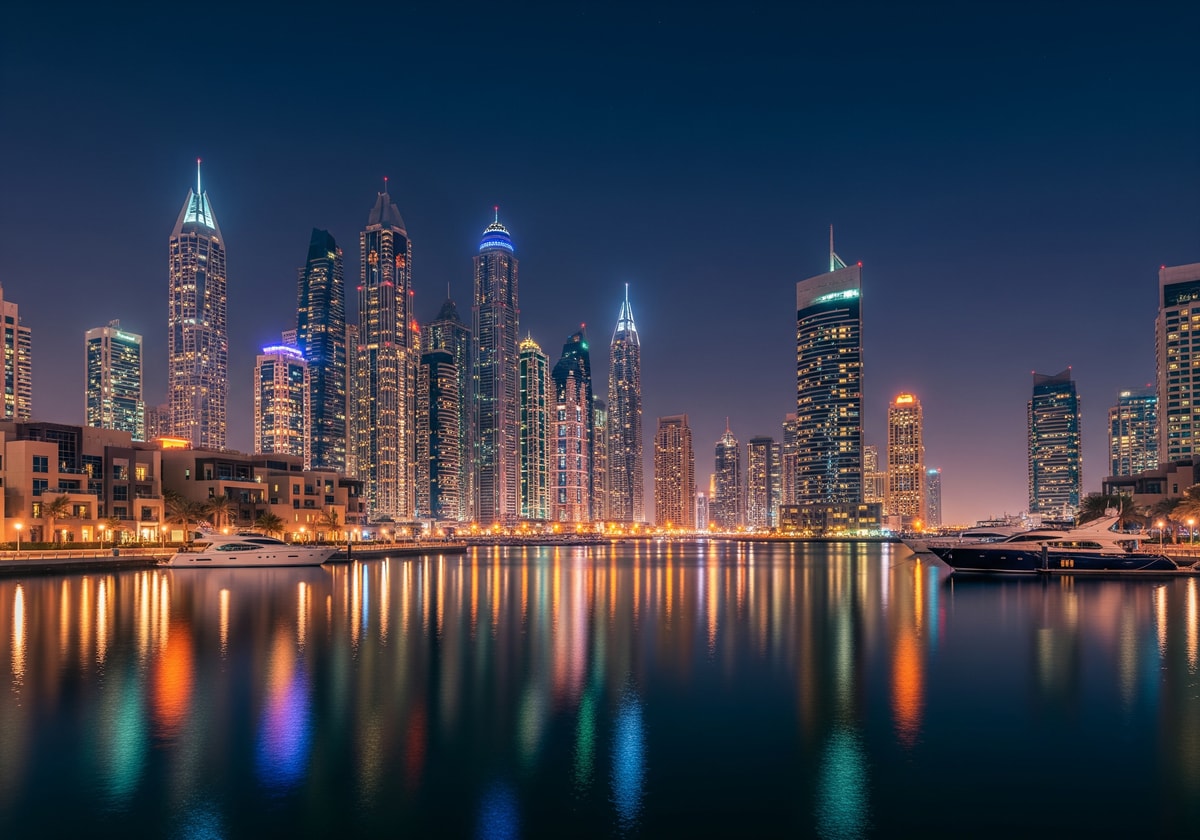 Dubai Marina skyline at night with illuminated skyscrapers reflecting on water