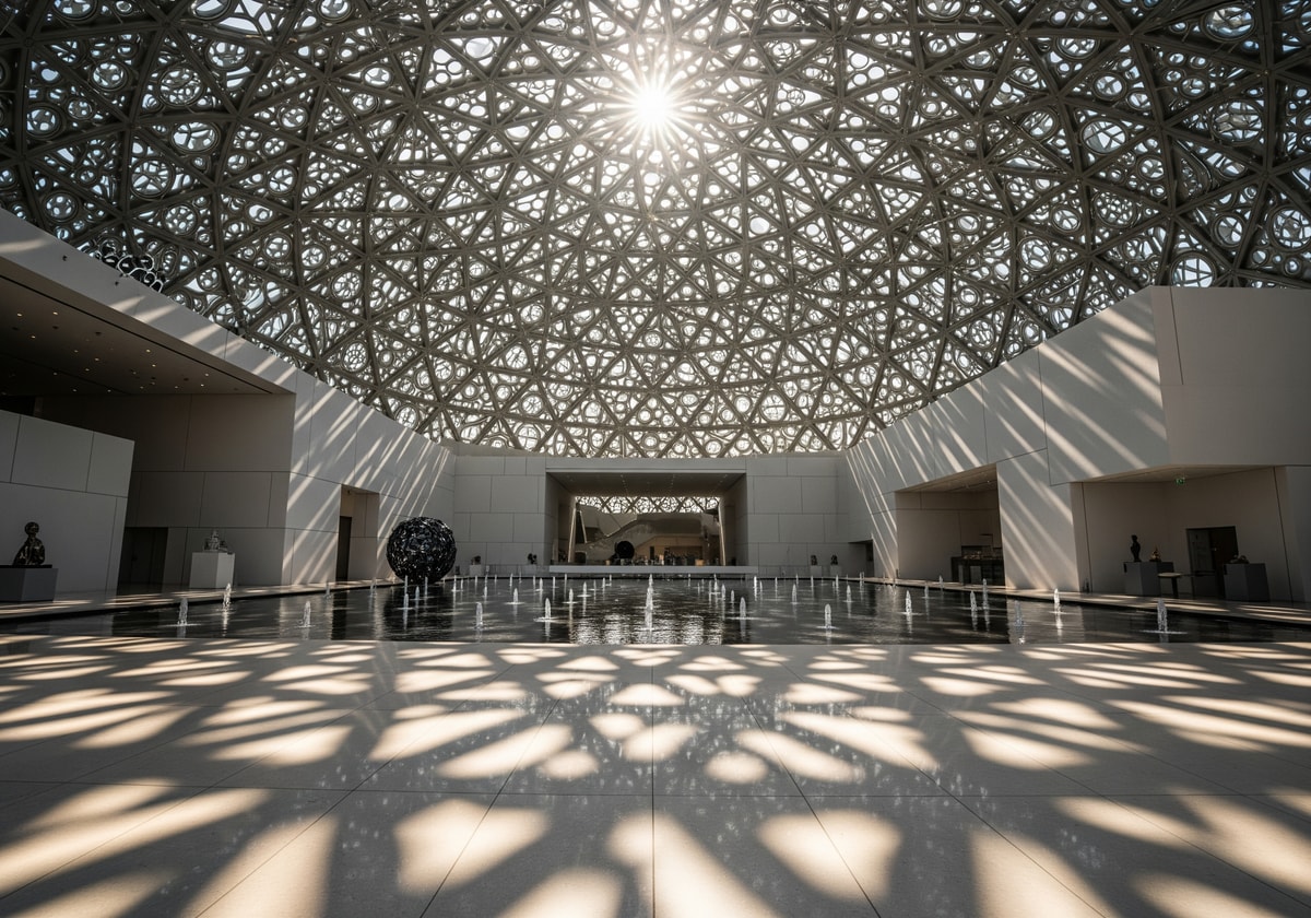 Interior of Louvre Abu Dhabi museum with geometric dome and light filtering through