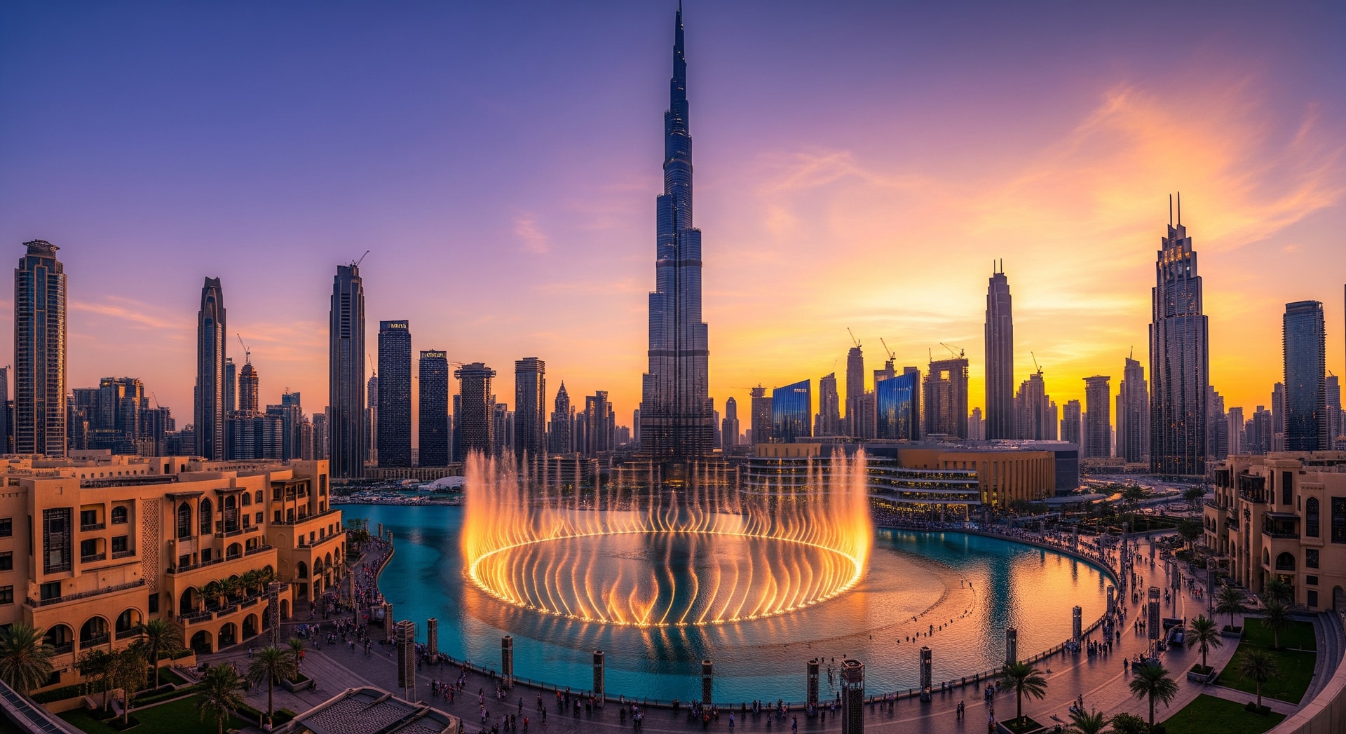 Stunning Dubai skyline at sunset with Burj Khalifa towering over the city and Dubai Fountain in the foreground