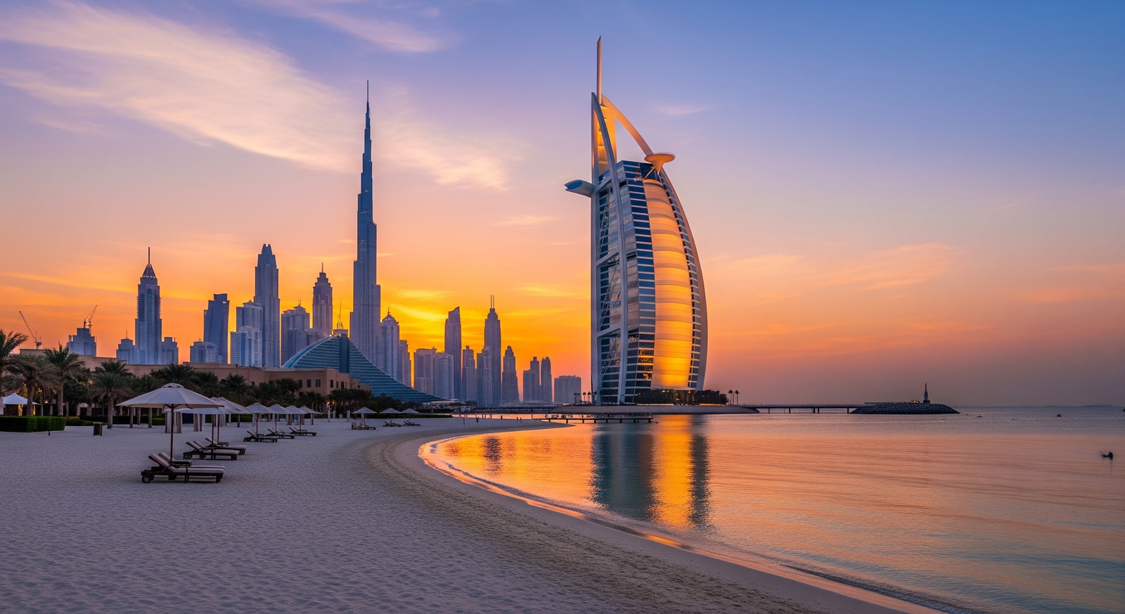 Dubai skyline at sunset with Burj Al Arab sail-shaped hotel and pristine beach in foreground