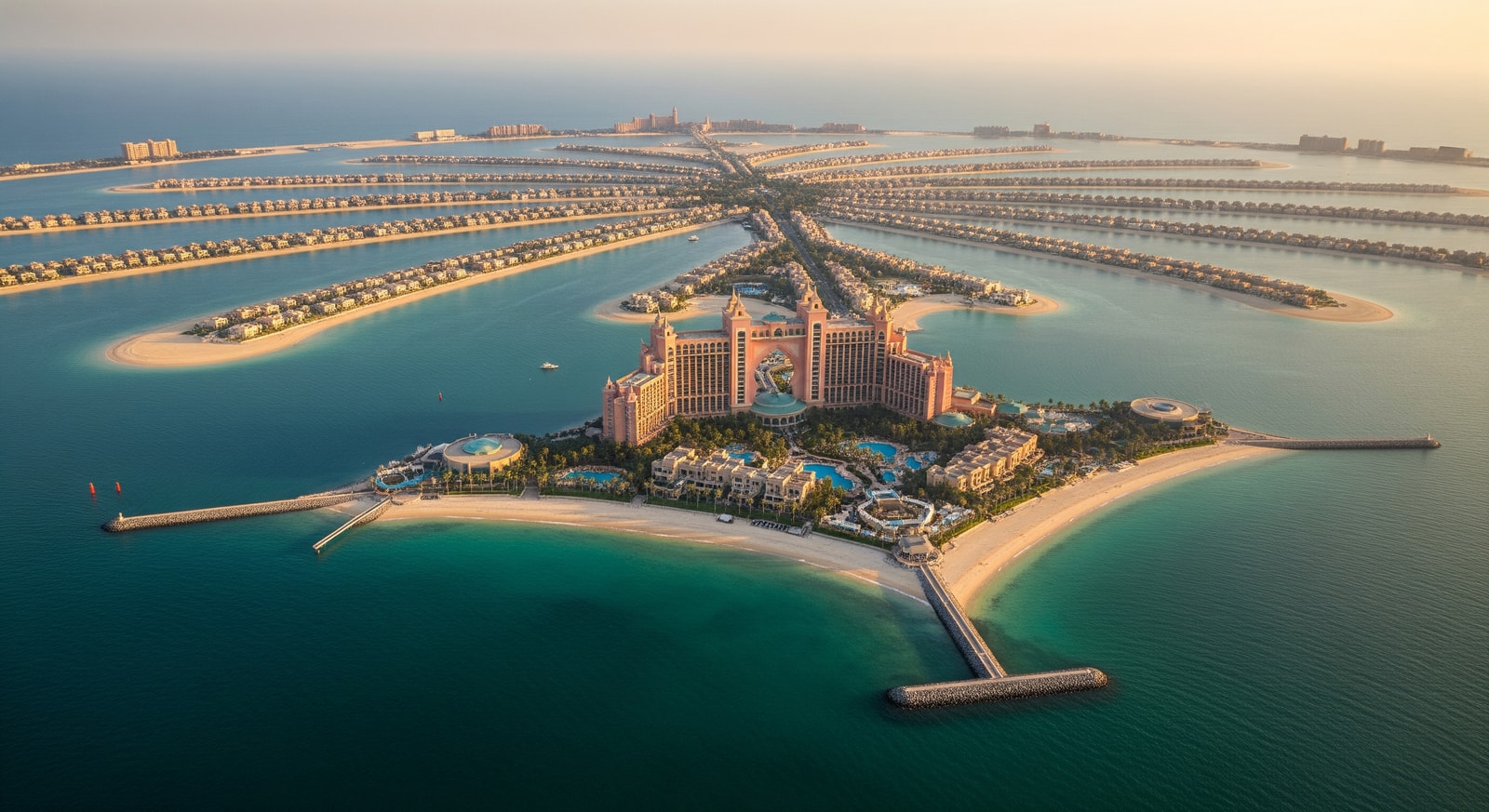 Aerial view of Palm Jumeirah artificial island in Dubai with Atlantis Hotel at the crescent