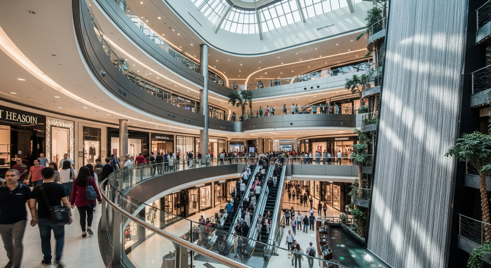 Interior of Dubai Mall with luxury stores, waterfalls, and crowds of shoppers on multiple levels