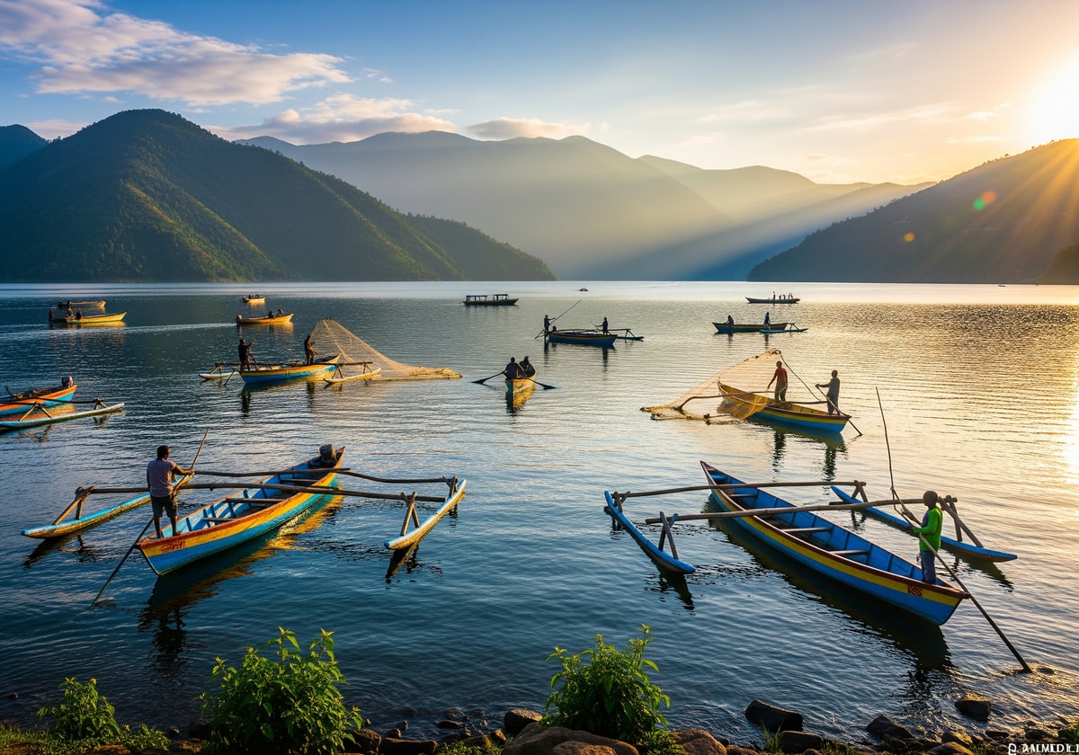 Lake Kivu in Rwanda with mountains and traditional boats