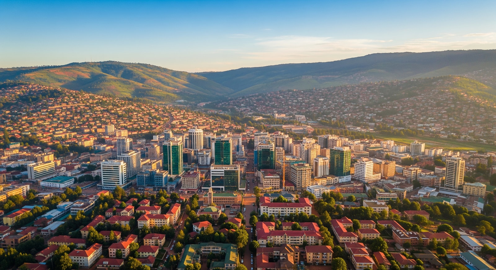 Aerial view of Kigali city Rwanda with green hills and modern buildings