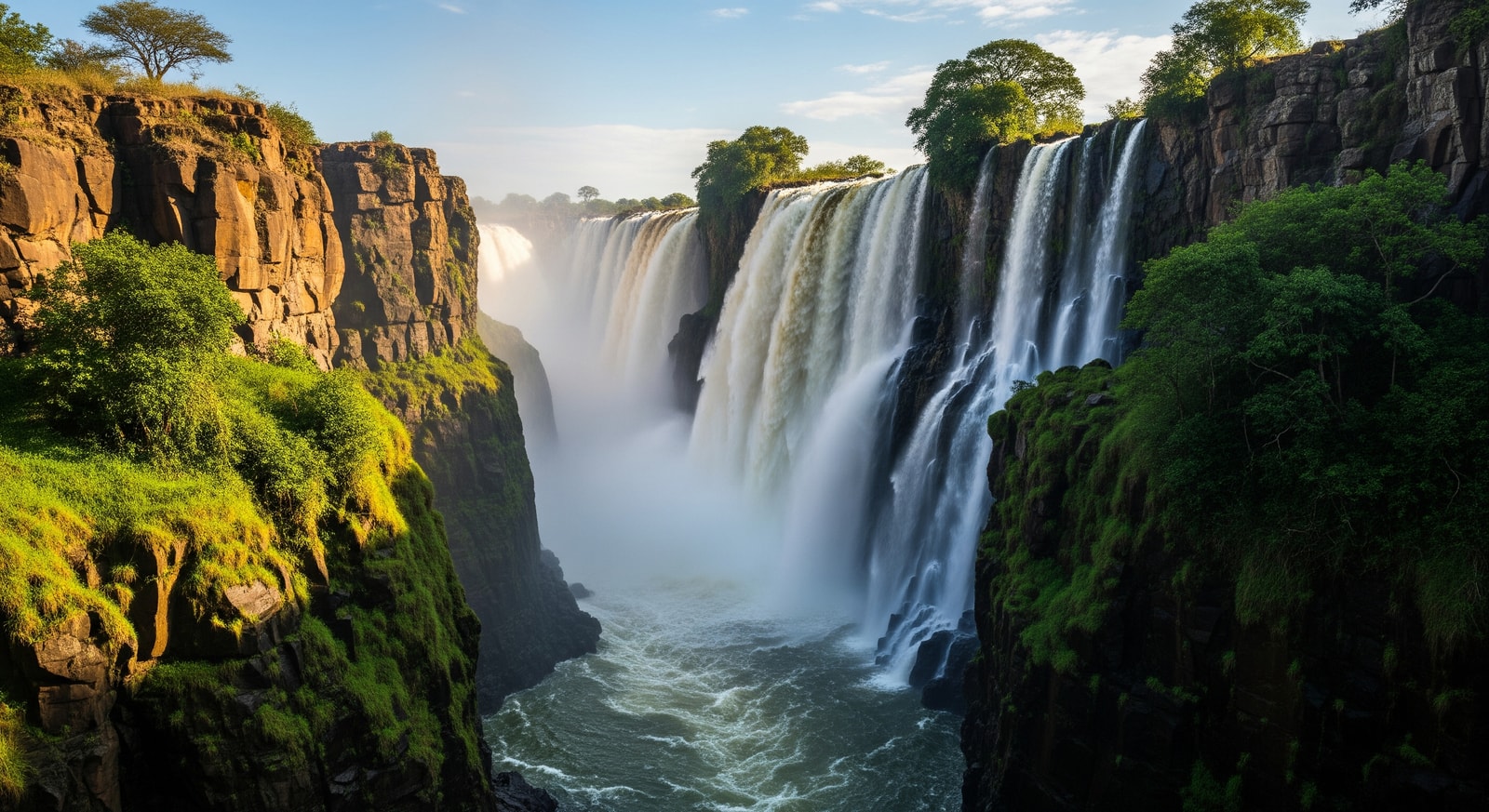 Murchison Falls in Uganda with powerful waterfall crashing through narrow gorge