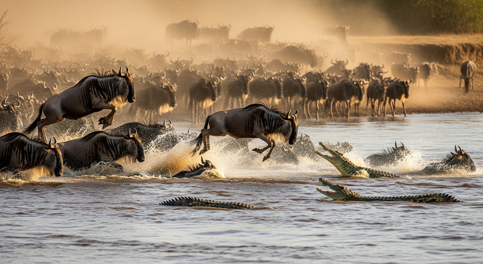 Wildebeest migration crossing the Mara River in Kenya's Masai Mara