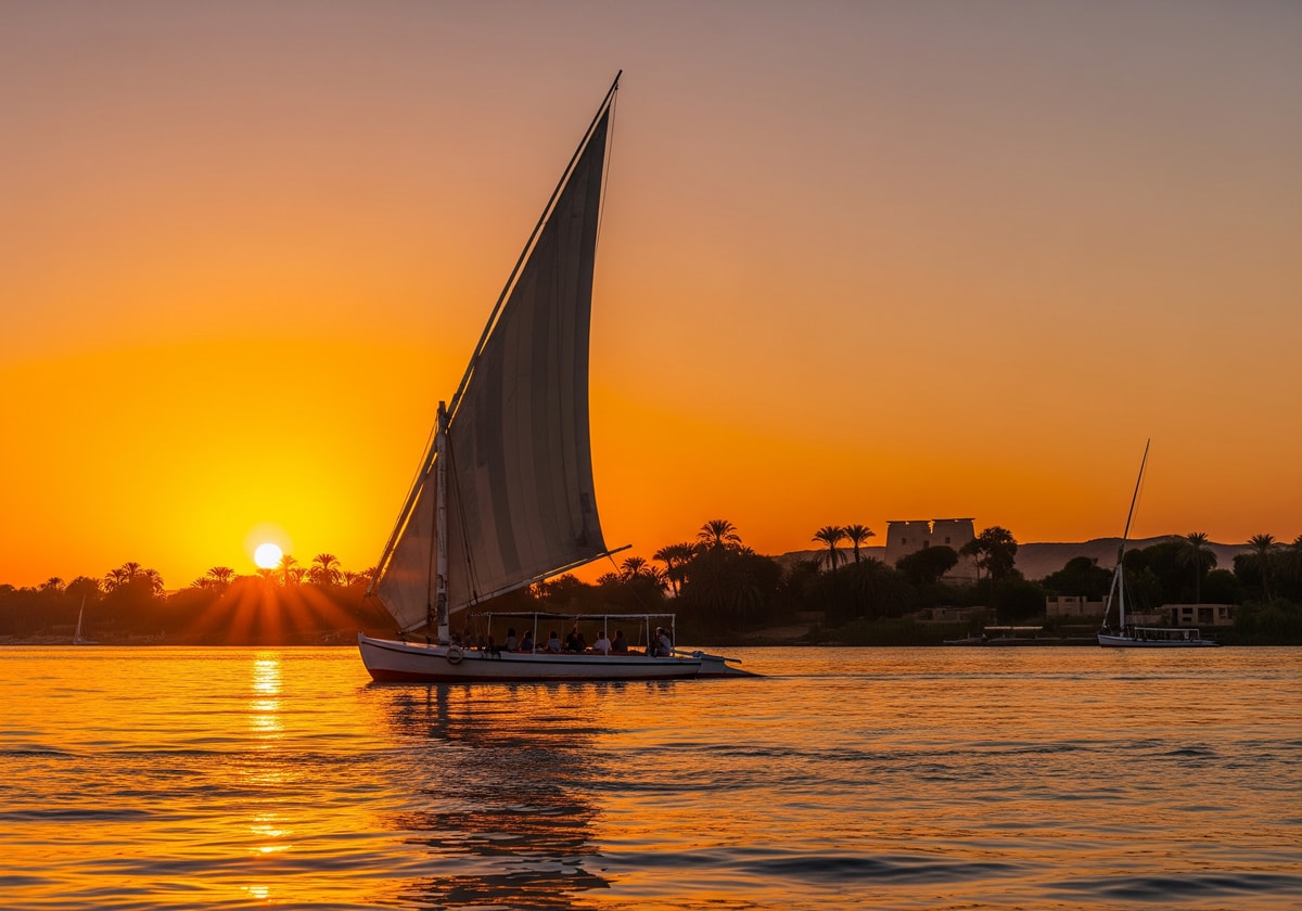 Nile cruise felucca boat at sunset
