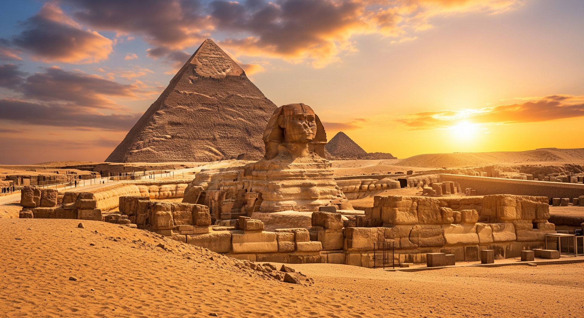 Great Pyramid of Giza with Sphinx at sunset