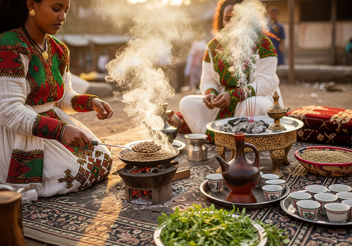 Traditional Ethiopian coffee ceremony with roasting beans