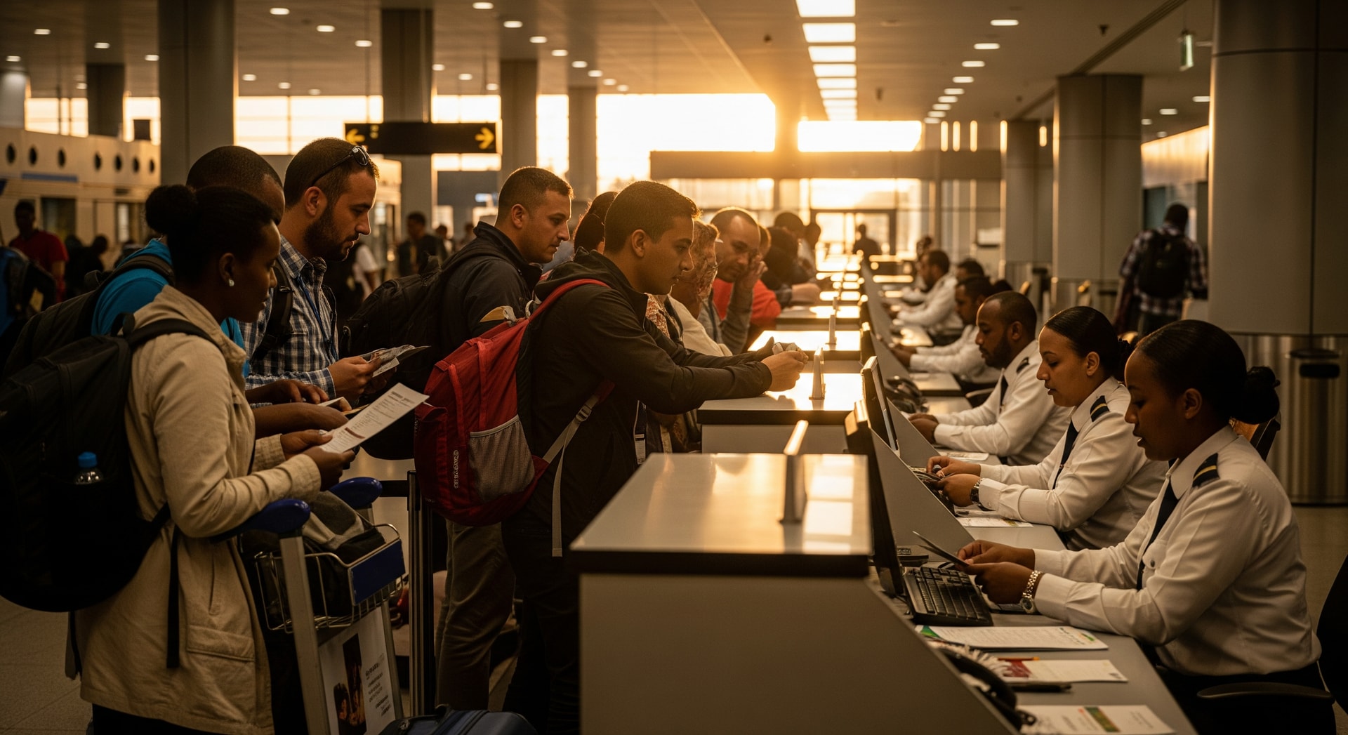 Bole International Airport Addis Ababa with travelers at visa counter