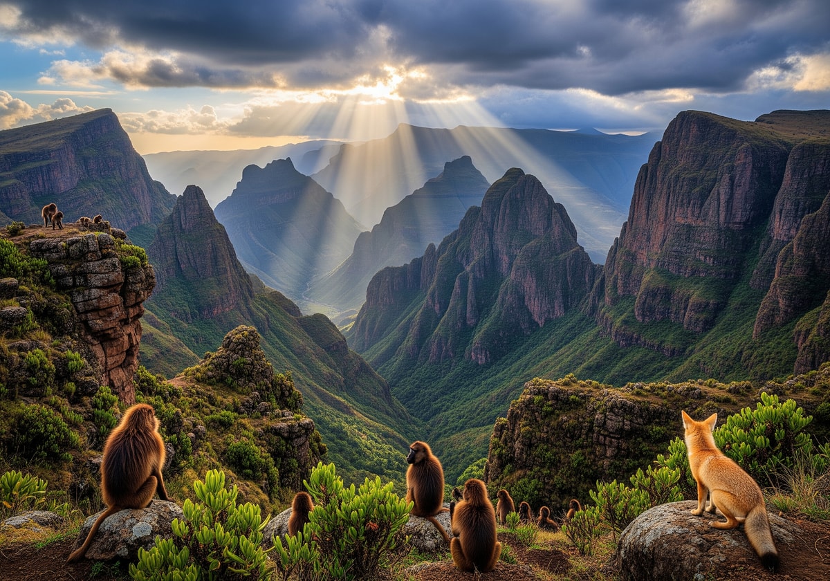 Dramatic Simien Mountains landscape with endemic wildlife